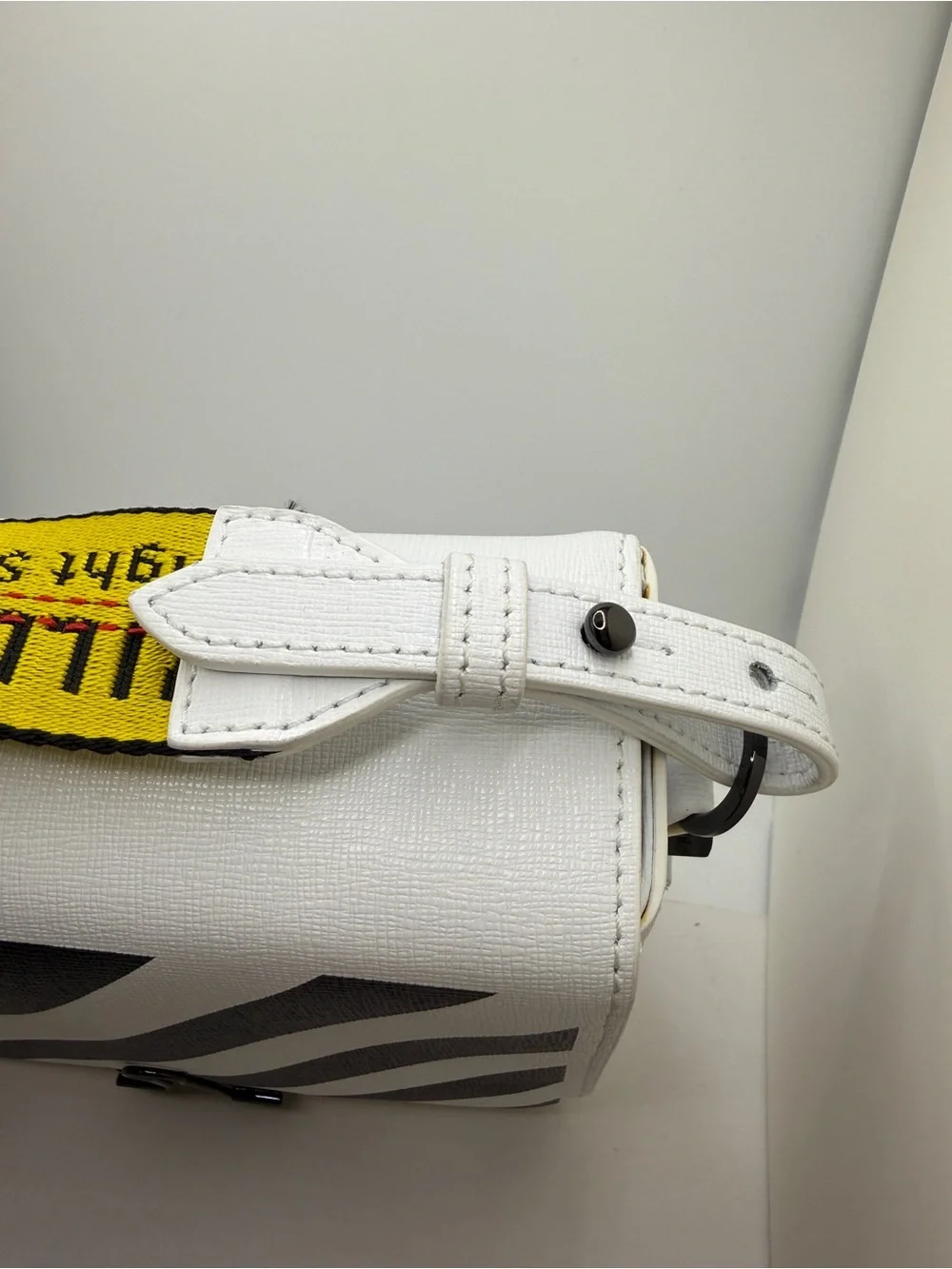 Off-White Inspired White & Black Diagonal Stripe Crossbody Bag with Yellow Strap